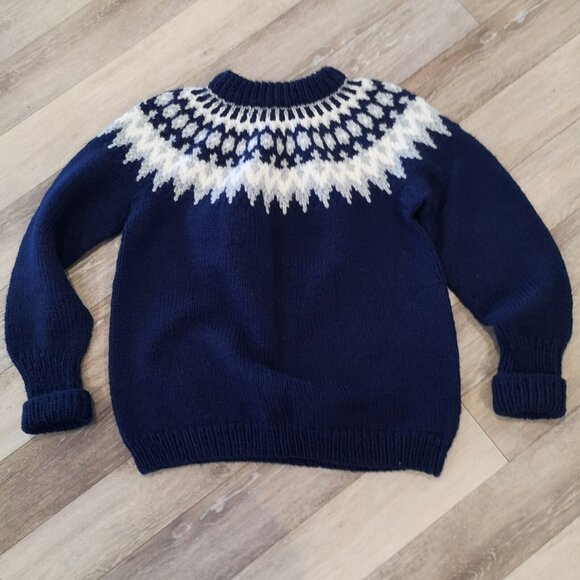 Vintage Wool Fair Isle Sweater Hand Knit Chunky Blue White Men's M Wom L Lovely - Picture 16 of 16